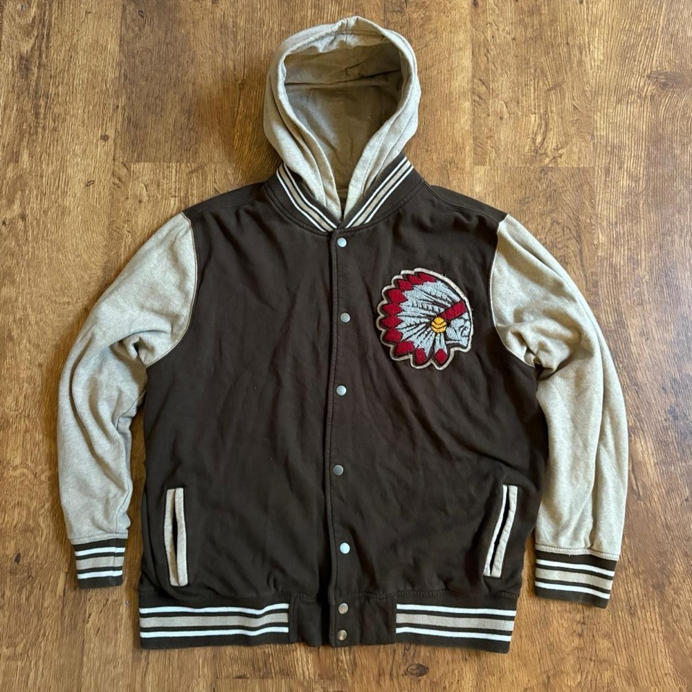 Roebuck & Co Mens Varsity Jacket Brown Tan Hoodie Native American Patch XL